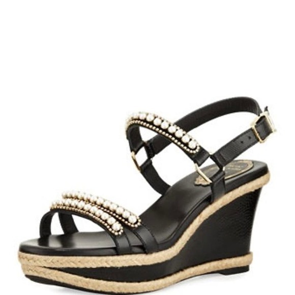 Rene Caovilla Shoes - Rene Caovilla Pearly Leather Wedge Sandal, Black